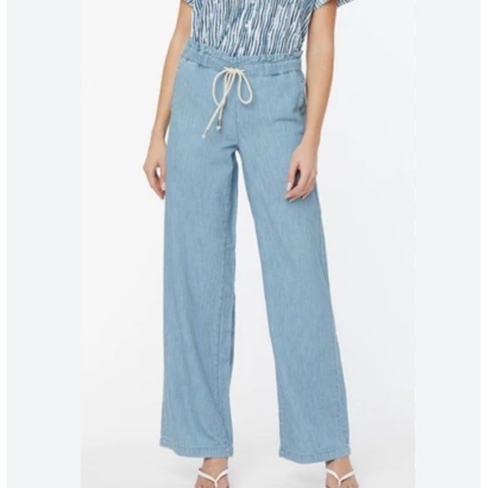 NYDJ Womens Wide Leg Elastic Ruffle Detail Pants Blue Beach  Comfy NWT